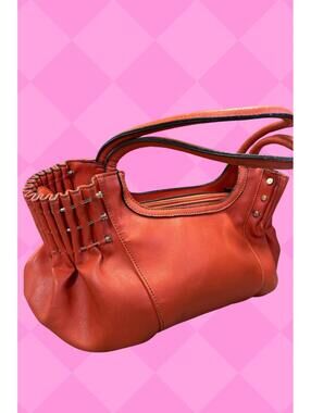 orange real leather hobo slouchy purse pleated sides rivet hardware handmade